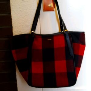 Red/black wool buffalo plaid tote